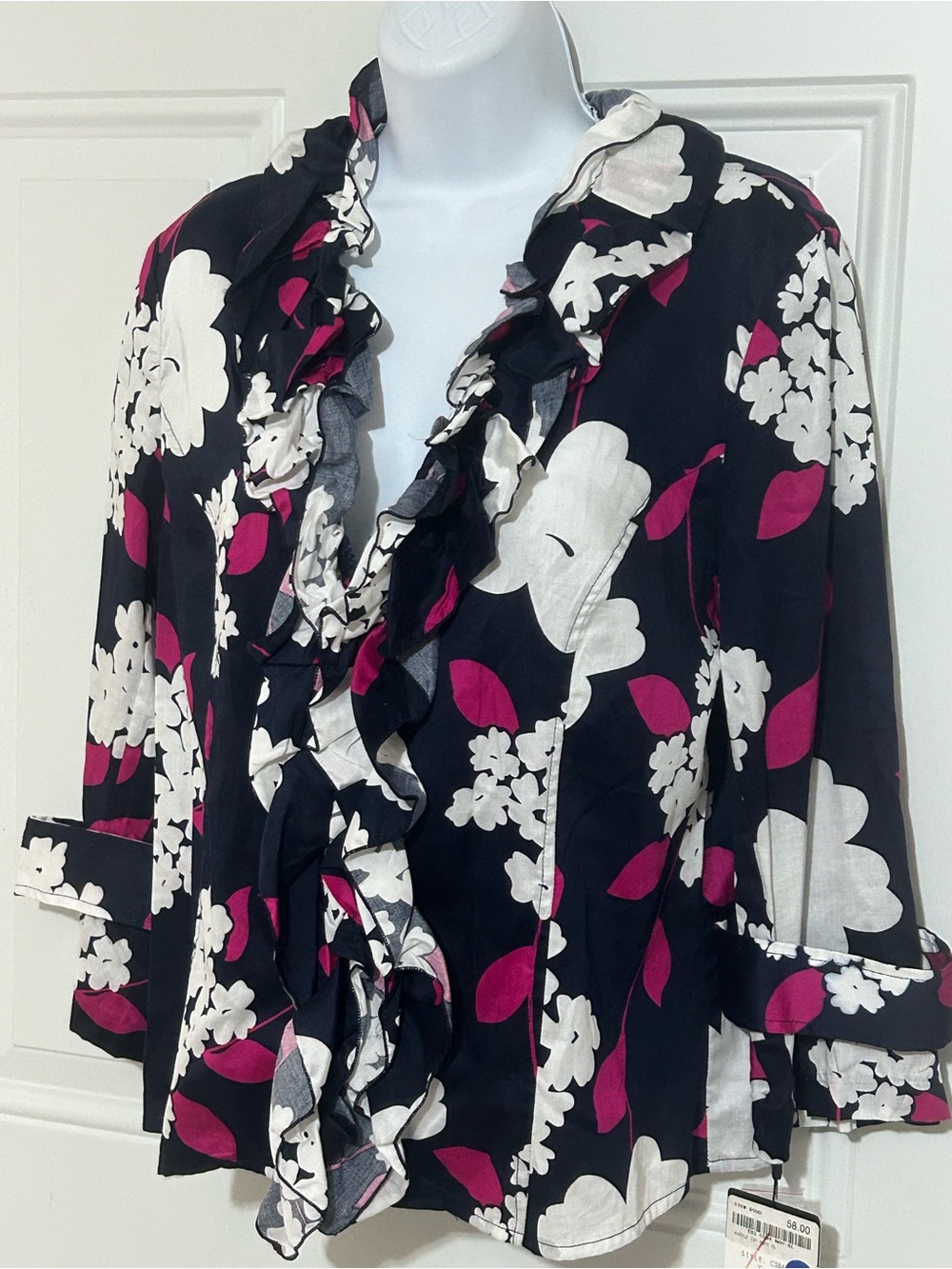 Clara Sun Woo Black Floral Ruffle Blazer with Fuchsia Accents